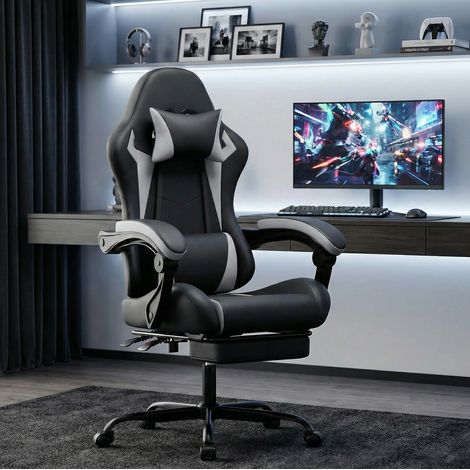 MEUBLIV Chaise gaming 66x78x127 cm noir et blanc – dossier inclinable et repose-pieds (1/5)