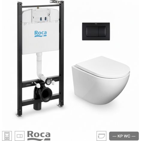 BASTIDOR ROCA ACTIVE PACK CISTERNA EMPOTRADA Y PULSADOR NEGRO MAT CON INODORO SUSPENDIDO ROUND SMART 52 cm TOR 3 ASIENTO FINO