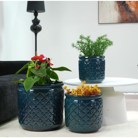 Set di 3 vasi in ceramica blu-verde scuro Ø 38/30,5/23 cm OKWISH (1/5)