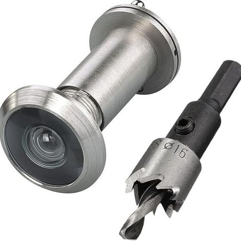 Door peephole, wide-angle optical glass lenses, drilled hole with peephole, silver-grey