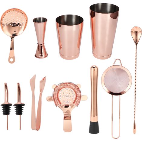 11-teiliges Cocktail-Shaker-Set, Barkeeper-Set, Cocktailsieb, Edelstahl-Barzubehör für Zuhause und Partys, Roségold (1/5)