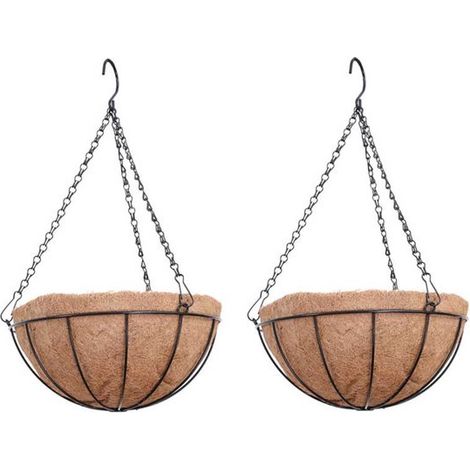 2 cestini rotondi sospesi in fibra di cocco, vaso da fiori sospeso, cestino da fiori da esterno con catena, supporto per fiori sospeso, cestino sospeso in metallo da 25,5 cm con rivestimento in fibra  (1/5)