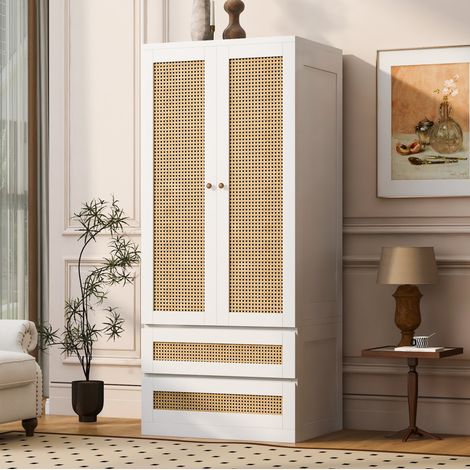 MEUBLIV Armario blanco 70x55x170 cm - 2 puertas, 2 cajones y puertas efecto ratán (1/5)