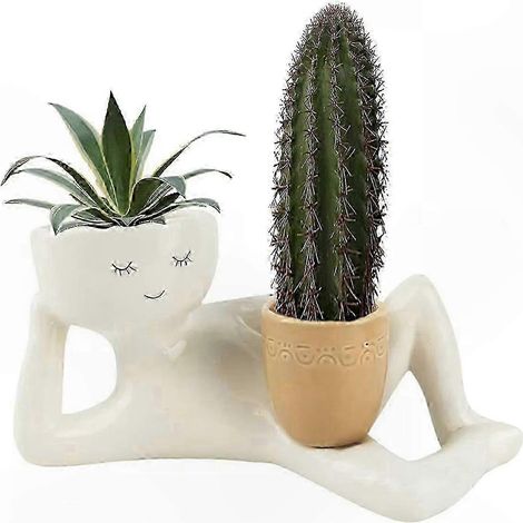 Ménage de résine couché pour succulentes, pot de fleurs original avec personnage, décoration extérieure de jardin, cadeau botanique unique (1/5)
