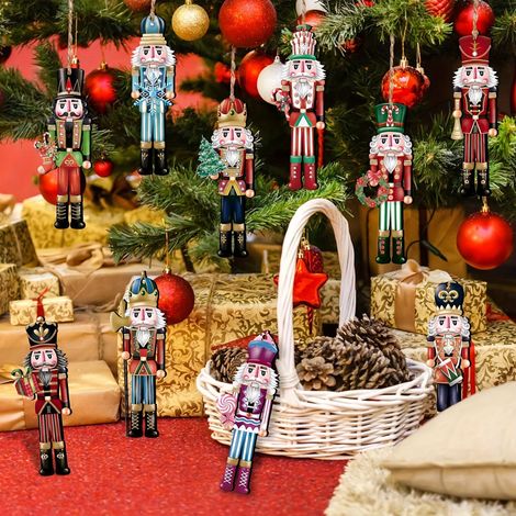 Pendentif Soldat Casse-Noix - Bois Peint - Décoration de Sapin de Noël - Ornements Festifs pour Arbre de Noël Fête du Nouvel An - Lot de 12 (1/5)