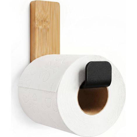 Porte Papier Toilette Mural sans Percage Noir Mat et Bambou (1/5)
