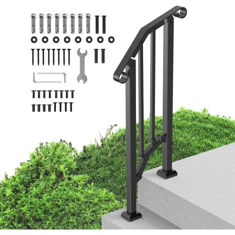 Rampe d'Escalier pour 1-2 Marches Extérieures Main Courante Escalier en Acier au Carbone, avec Kit d'Installation, pour Personnes Âgées, Marches en Béton, Porche, Terrasse, Arche Rétro Noir (1/5)