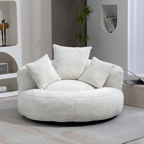 Fauteuil poire lounge dossier haut en chenille beige, confortable et durable avec 3 coussins, pour adultes et enfants, intérieur et extérieur