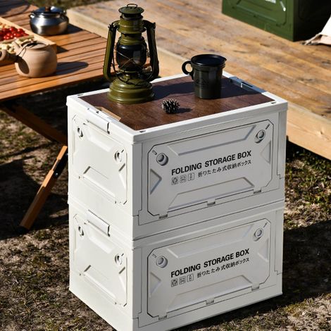 Boîte de rangement pliable pour camping avec couvercle bois - 50L avec roues PP+MDF gris/blanc pour car camping picnic (1/5)