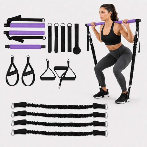 Relaxdays Pilates Bar Kit, 4 resistance bands (30–160 lbs), handles & foot loops, door anchor, bag, purple (1/5)
