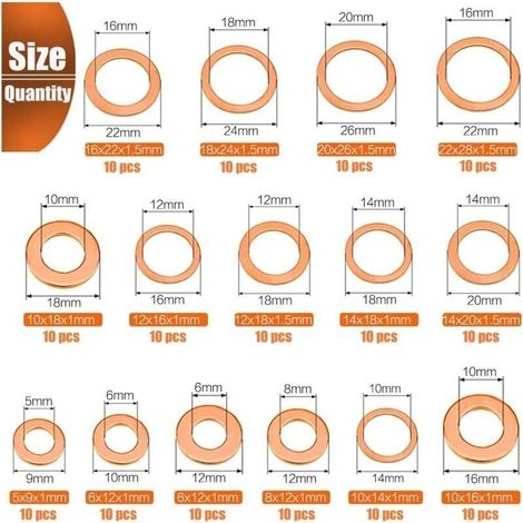 Kit assortimento di 150 rondelle in rame per tappi di scarico, misure M5, M6, M8, M10, M12, M14, M16, M18, M20, M22, 15 misure, rondelle piatte per viti di tenuta e anelli di tenuta (1/4)