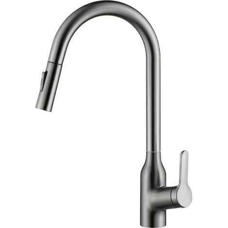 Gunmetal gray all-copper pull-out kitchen faucet, household pressure boosting universal faucet for dishwashing and vegetable washing basins, hot and cold water splash-proof faucet -- Gunmetal gray Via