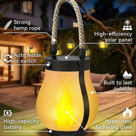 Lot de 4 lanternes solaires d'extérieur étanches avec flamme dansante pour la décoration du jardin et de la cour (1/4)