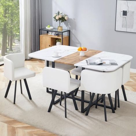 Ensemble table et chaises, plateau blanc, métal noir, table extensible et chaises escamotables (1/5)