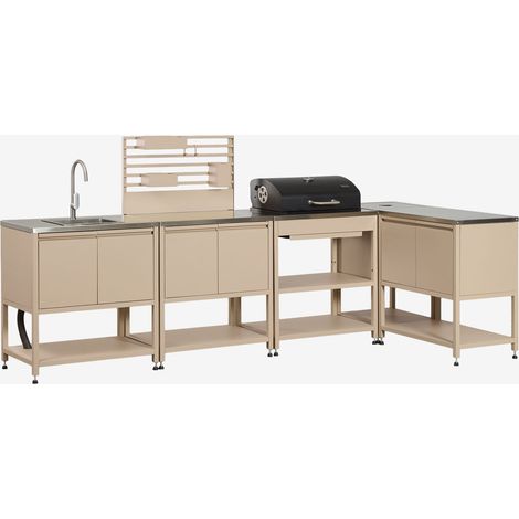 SKLUM Modulare Eck-Außenküche aus 5 Teilen mit Spüle, Organizer-Panel und Holzkohlegrill aus Stahl Savona Beige Tapioca (1/5)