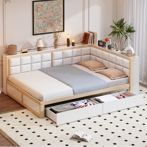Lit banquette 140 x 200 cm multifonction en bois marron avec dossier doux et rangements pratiques (1/5)