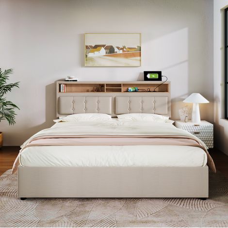 Cama con almacenamiento de lino beige 160x200 cm, cabecero ajustable, USB y enchufes, somier de láminas y colchón incluido (1/5)