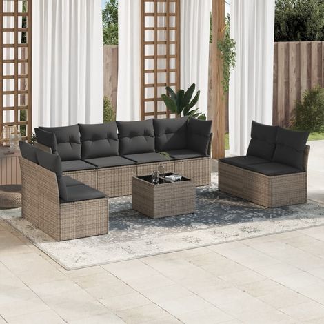 Salon de jardin 9 pcs avec coussins gris résine tressée vidaXL (1/3)