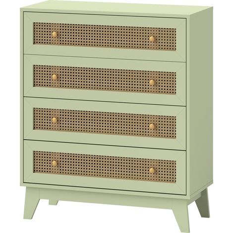 Kommode aus Rattan und Korbgeflecht mit 4 Schubladen, helles Holzmöbel, 80 x 35 x 95 cm, grün