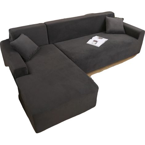 Samt Sofabezug, L-förmiges Design, hochdehnbare Stoff, Dunkelgrau, 3-Sitzer-3-Sitzer (1/2)