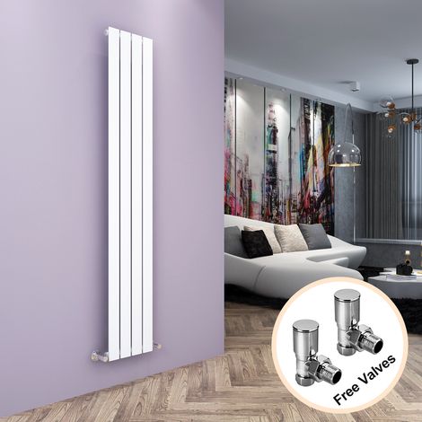 ELEGANT Vertical Designer Radiator Single Flat Panel 1800 x 300 mm White Bathroom Angled Radiator Valves (1/5)