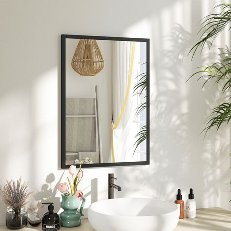 Miroir mural rectangulaire 50 x 70 centimètres, cadre en bois noir, salon ou chambre, idéal pour la salle de bain (1/4)