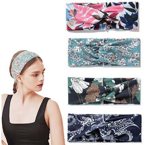 Headband Femme - Bandeau Tissu Coton Boho Croisé Large 24 x 8 cm - Pour Cheveux - Lot de 4 (1/5)