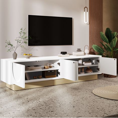 Mueble para TV de MDF blanco y base efecto madera 175x40x41,5 cm, 4 puertas, apertura push y almacenaje oculto (1/5)