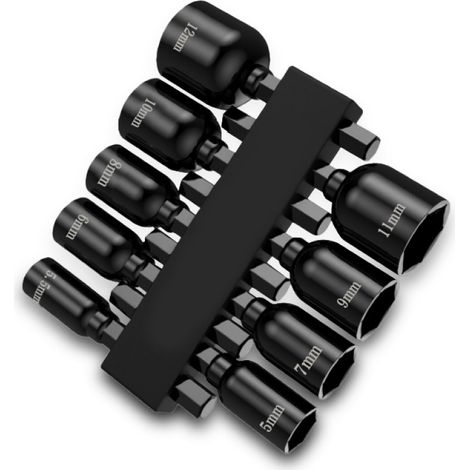 Satz mit 9 magnetischen Steckschlüsseln mit Schnellverschlussmechanismus, 1/4-Zoll-Sechskantantrieb, geeignet für Bohrmaschinen und Schraubendreher, Größen von 5 mm bis 12 mm.