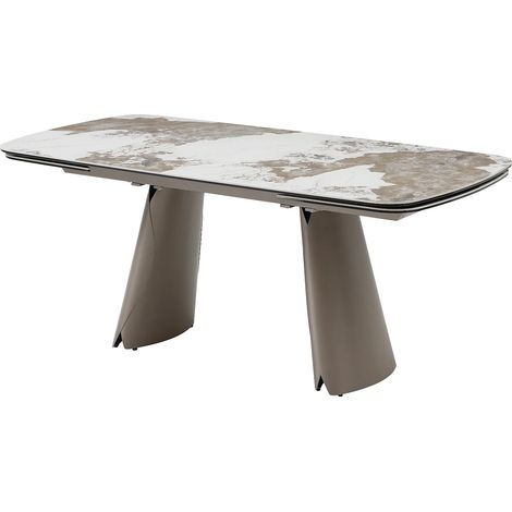 Tavolo da pranzo allungabile da 6 a 10 persone in ceramica, vetro temperato e metallo bronzo - Effetto marmo bianco e grigio - FARUDI di Maison Céphy