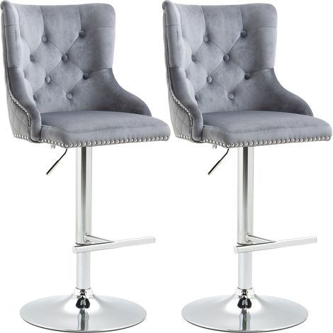 Bar Stools Set of 2, Modern Swivel & Adjustable Velvet Barstools Button Tufted Back, Footrest, Nailhead Trim for Home Bar, Grey (1/5)