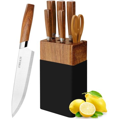 7 Piece Kitchen Knife Set with Block and Sharpener, Wood Effect Handles, Sharp Stainless Steel Knives Including Chef's Knife, Bread Knife, Knife (1/5)