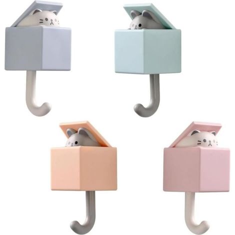 Crochet Adhésif Animal Cat Hook Rétractables Crochets Adhésifs Décoratifs - 4Pcs - Blanc - Plastique (1/4)