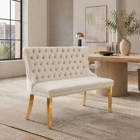 Esszimmerbank 2-Sitzer Samt Beige mit Goldbeinen OKMYHOME (1/5)