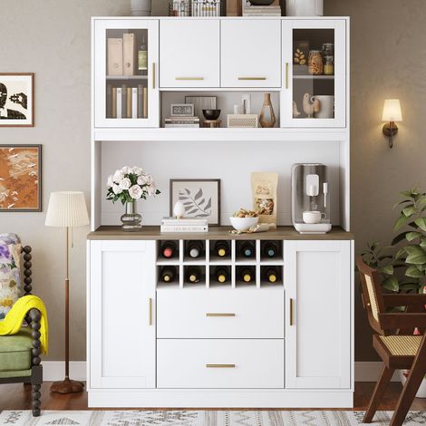 Buffet de rangement avec led et prise 120 x 36,3 x 180 cm, armoire de cuisine 6 portes 2 grands tiroirs noir et blanc (1/5)
