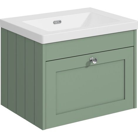 Balterley Butterton 600mm Wall Hung 1 Drawer Unit with Minimalist Basin No Tap Hole - Satin Green (1/4)