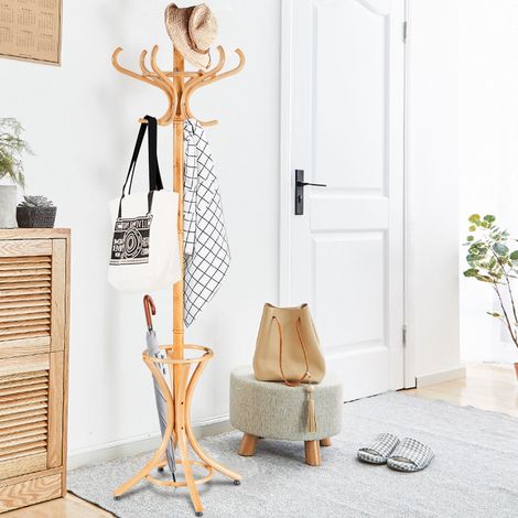 Porte Manteau sur Pieds avec 12 Crochets en Bois Massif pour Manteaux Chapeaux Parapluie 51 x 51 x 184 CM, Couleur Naturel CW9998 Maison Chic (1/2)