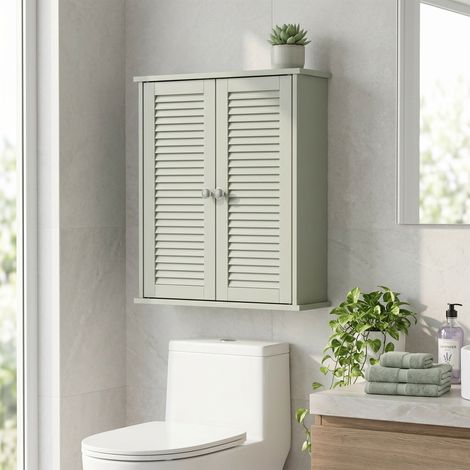 Armoire murale de salle de bain, meuble de rangement suspendu avec 2 portes persiennes et étagère réglable, vert (1/5)