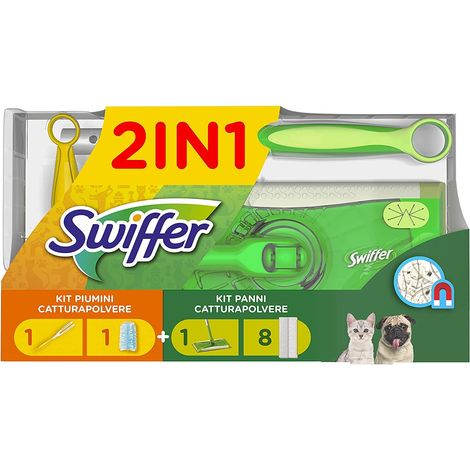 Swiffer Kit con 1 Scopa + 8 Panni per Pavimenti e 1 Piumino + 1 Ricambio, Ottimo per Peli di Animali (1/5)