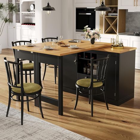 Îlot de cuisine extensible,Desserte cuisine avec roulettes,Table de bar extensible avec rotation à 360° et espace de rangement,longueur réglable entre 120 et 180 cm,table haute extensible,noire