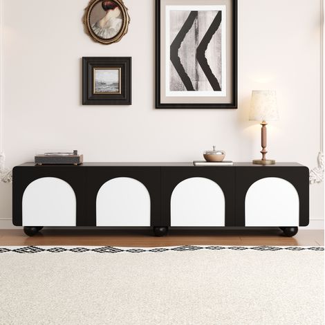 Meuble TV rangement 180 cm noir blanc MDF double portes OKMYHOME (1/5)