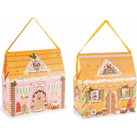 Boîtes de Noël maison pain d'épice avec poignée en papier à décor biscuits, lot de 12, 25 x 12 x H. 26 cm