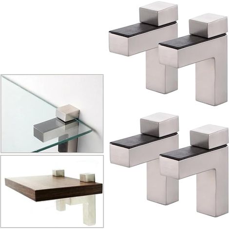 Set of 4 Adjustable Shelf Brackets Wood/Glass Zinc Alloy Brushed Nickel for Shelves 3-30mm Thick (1/4)