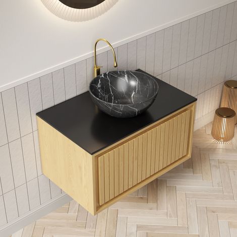 Mueble de lavabo suspendido con 1 cajón y lavabo sobre encimera, encimera de piedra sinterizada, baño, negro roble dorado (1/5)