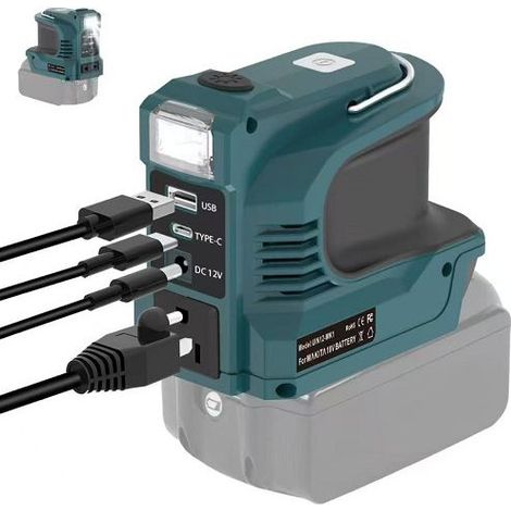 DeWALT 20V Akku-kompatibler 200W Tragbarer Wechselrichter, 20V DC auf 110V AC Powerstation mit 1 AC-Steckdose, 2 USB-Anschlüssen, 1 Typ-C-Anschluss und LED-Leuchte (Batterie nicht enthalten), Blau (1/5)