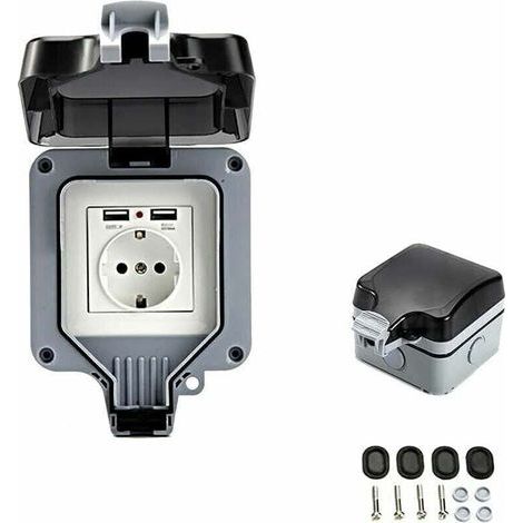 Prise murale d'extérieur double avec port USB, étanche et résistante, équipée d'une boîte murale simple pour une utilisation en extérieur. (1/4)