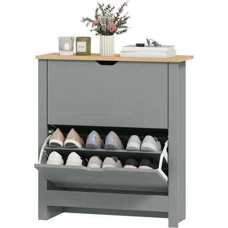 Meuble à chaussures 12 paires, armoire à chaussures étroite avec 2 tiroirs rabattables et étagères réglables, gris clair (1/5)