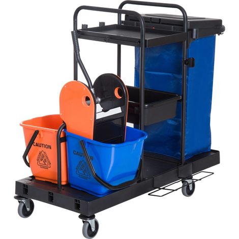 Carro de limpieza carro de limpieza con 4 ruedas, carro de sistema para limpieza profesional, negro/azul/naranja, 111x63,3x103cm