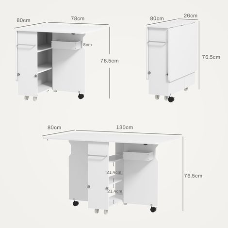 Table pliante à abattants (avec 3 étagères, un coffre de rangement et des roulettes), en MDF, 130 x 80 x 76,5 cm, blanche (1/5)