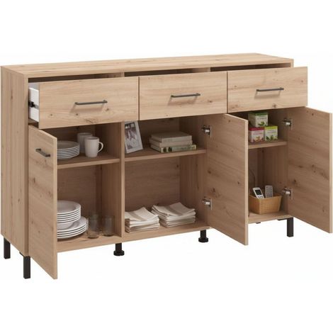 Sideboard Laerru, Anrichte mit 3 Schubladen, 3 Regalböden, Flügel- und Schiebetüren, 138x40x90h cm, Braun Eiche Knoten